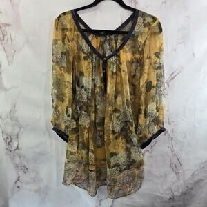 Arrata Silent Journey Shirt Womens Medium Silk Blouse Sheer Yellow Floral Button